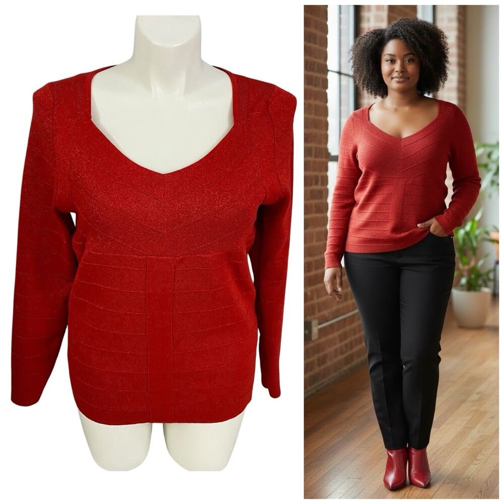 Lane Bryant Sweater Womens Sz 14/16 Red Metallic Knit Top Workwear Office Party